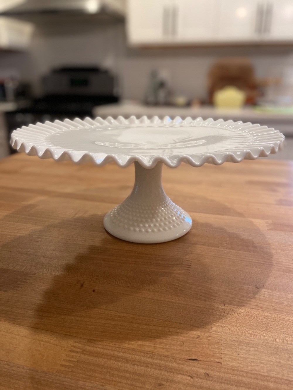 Vintage Fenton Hobnail Milk Glass Ruffled Pedestal Cake Stand